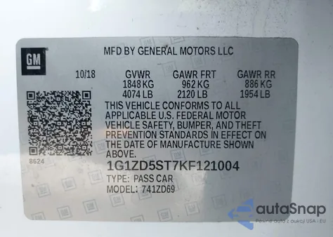 2019 Chevrolet Malibu Lt z USA, uszkodzony, nr VIN 1G1ZD5ST7KF121004